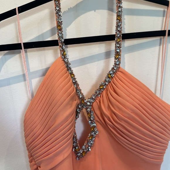 Vintage cross front La Femme Coral rhinestone Dress hi-lo Riviera - Picture 2 of 8